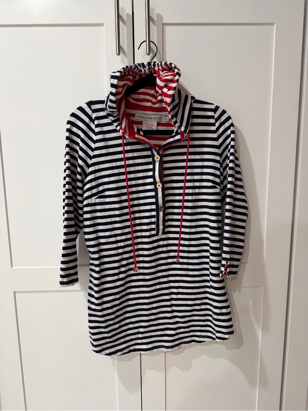 Gretchen Scott Navy And Red Striped Hooded Pullover Tunic